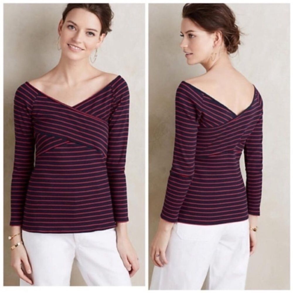 ANTHROPOLOGIE | DELETTA Navy Blue Crossing Top Red Stripes Women’s Size Small